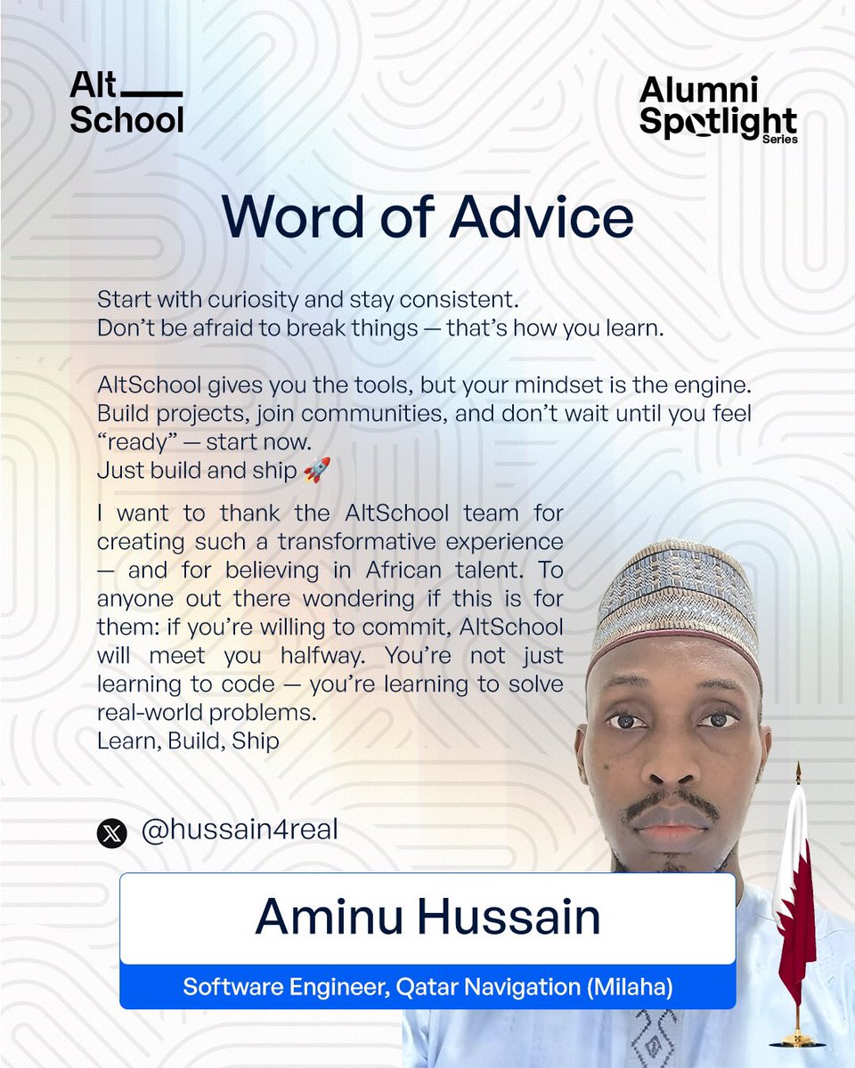 Meet Aminu Hussain (<a href="/hussain4real/">Aminu Hussain</a>) an AltSchool Africa alum now thriving as a Software Engineer at Qatar Navigation, all the way from Qatar!

With the right skills gained at AltSchool, Aminu is making an impact by contributing to other educational platforms. 

Now the big