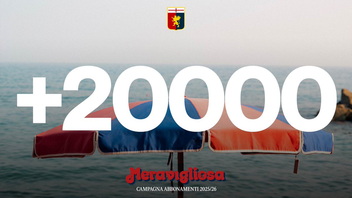 ⛱️ Raggiunta quota 𝟐𝟎𝟎𝟎𝟎 abbonamenti! 

𝑴𝒆𝒓𝒂𝒗𝒊𝒈𝒍𝒊𝒐𝒔𝒂 2025/26 ❤️💙

Ultimi giorni per rinnovare 👉 genoacfc.it/biglietteria/a…