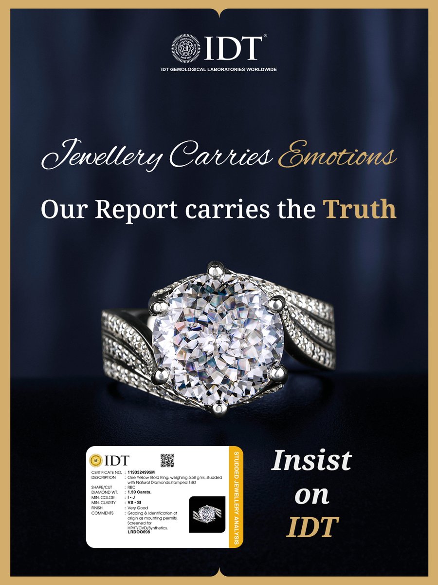 IDTWORLDWIDE's tweet image. Jewellery speaks love, but certification speaks facts! 💍📄
 IDT&apos;s diamond testing &amp;amp; certification ensures authenticity, quality &amp;amp; transparency. 
Trust IDT for certified diamonds &amp;amp; gemstones. 

#IDTCertified #DiamondTesting #GemstoneGrading #TrustIDT