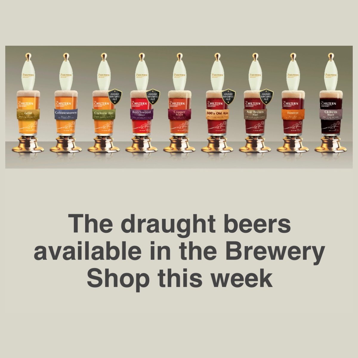 Session IPA, 3.4%
Gold, 3.9%
Chiltern Pale Ale, 3.7%
Beechwood Bitter, 4.3%
Black, 3.9%

Available in 2 and 4 pint containers, 3.5 pint growlers and nearly-nine-pint Mini Casks.

The Brewery Shop is open Monday to Saturday, 10am to 5pm.

#beer #breweryshop #weekendbeers