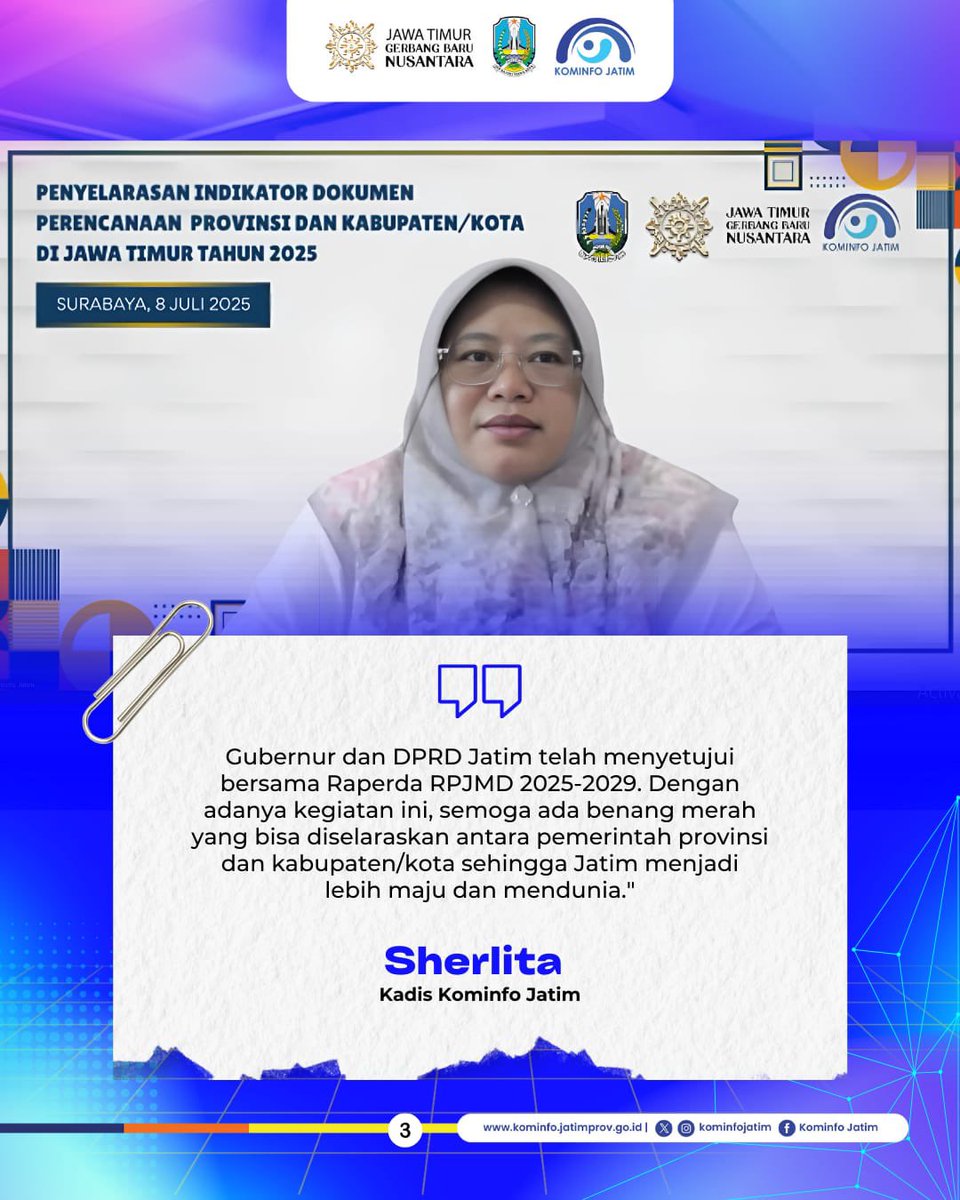 Diskominfo Jatim gelar penyelarasan indikator dokumen perencanaan Provinsi dan Kabupaten/Kota di Jawa Timur tahun 2025 📊

Dilaksanakan daring, kegiatan ini hadirkan narasumber dari Kemendagri RI untuk memperkuat sinergi perencanaan antar daerah.

Menuju Jatim yang makin maju dan