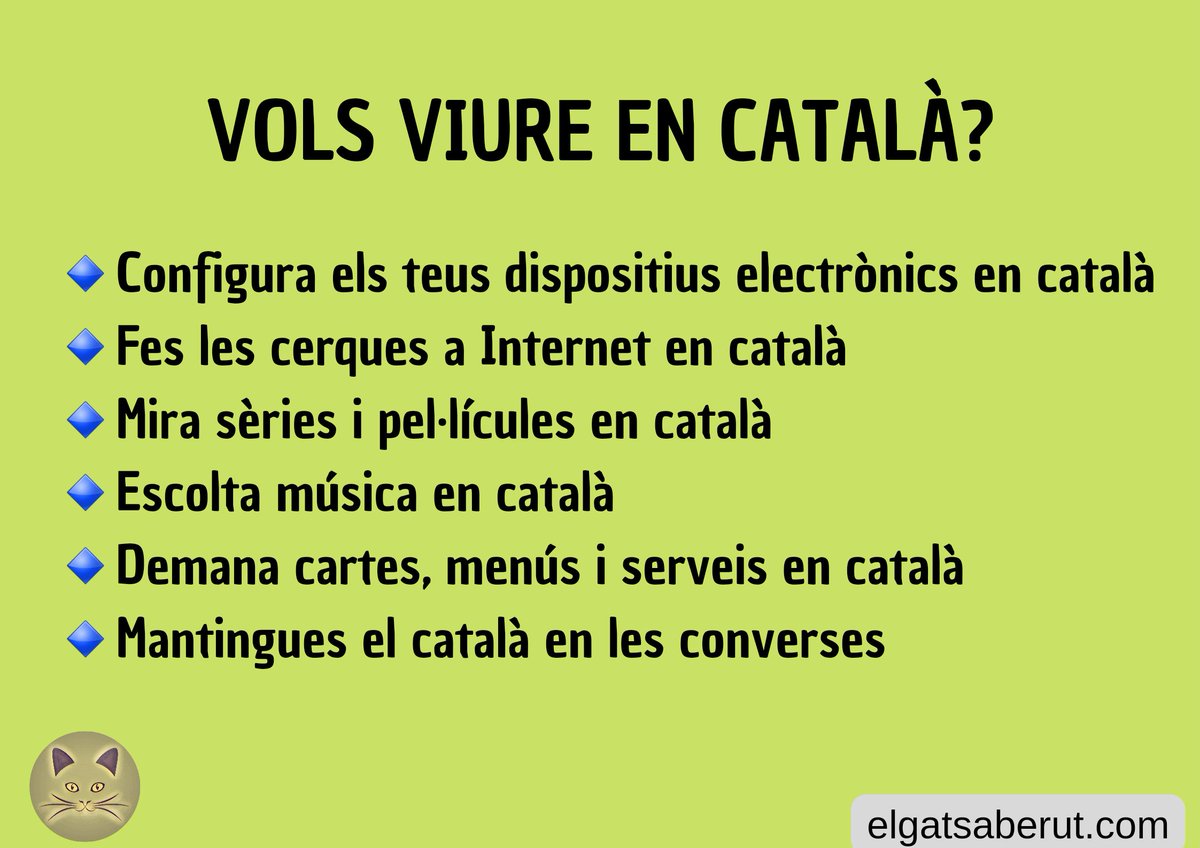 Gat Saberut (@gatsaberut) on Twitter photo Suggeriments per viure en català el màxim de temps possible. Si t'agrada, comparteix aquesta publicació. També pots descarregar la imatge i compartir-la al WhatsApp de família, amics o feina, o en altres xarxes socials!
#viral #català #llenguacatalana
<a href="/mantincelcatala/">Mantinc el Català</a> Suggeriments per viure en català el màxim de temps possible. Si t'agrada, comparteix aquesta publicació. També pots descarregar la imatge i compartir-la al WhatsApp de família, amics o feina, o en altres xarxes socials!
#viral #català #llenguacatalana
<a href="/mantincelcatala/">Mantinc el Català</a>