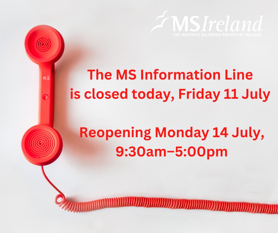 MSIRELAND's tweet image. Please note: Our MS Information Line is closed today, Friday 11th July. It will reopen on Monday 14th July from 9:30am to 5:00pm. Thank you for your understanding.