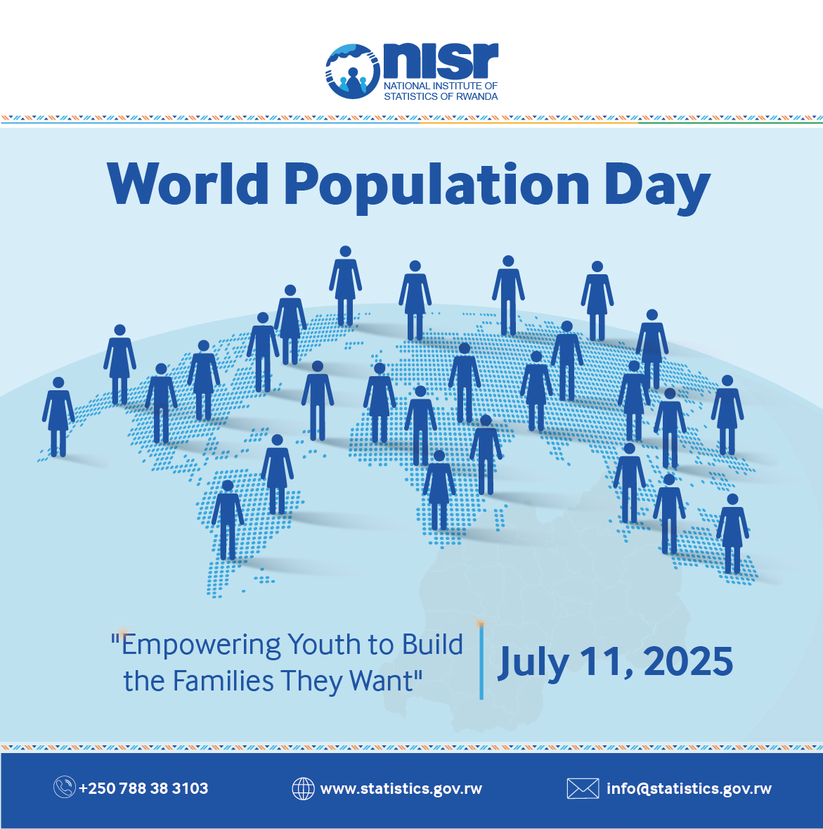 statisticsRW's tweet image. Today, we celebrate World Population Day, recognizing that #Rwanda’s vibrant population, now 14.1 million, powered by its youth, is the greatest asset, driving the development, innovation, and resilience.
Happy #WorldPopulationDay