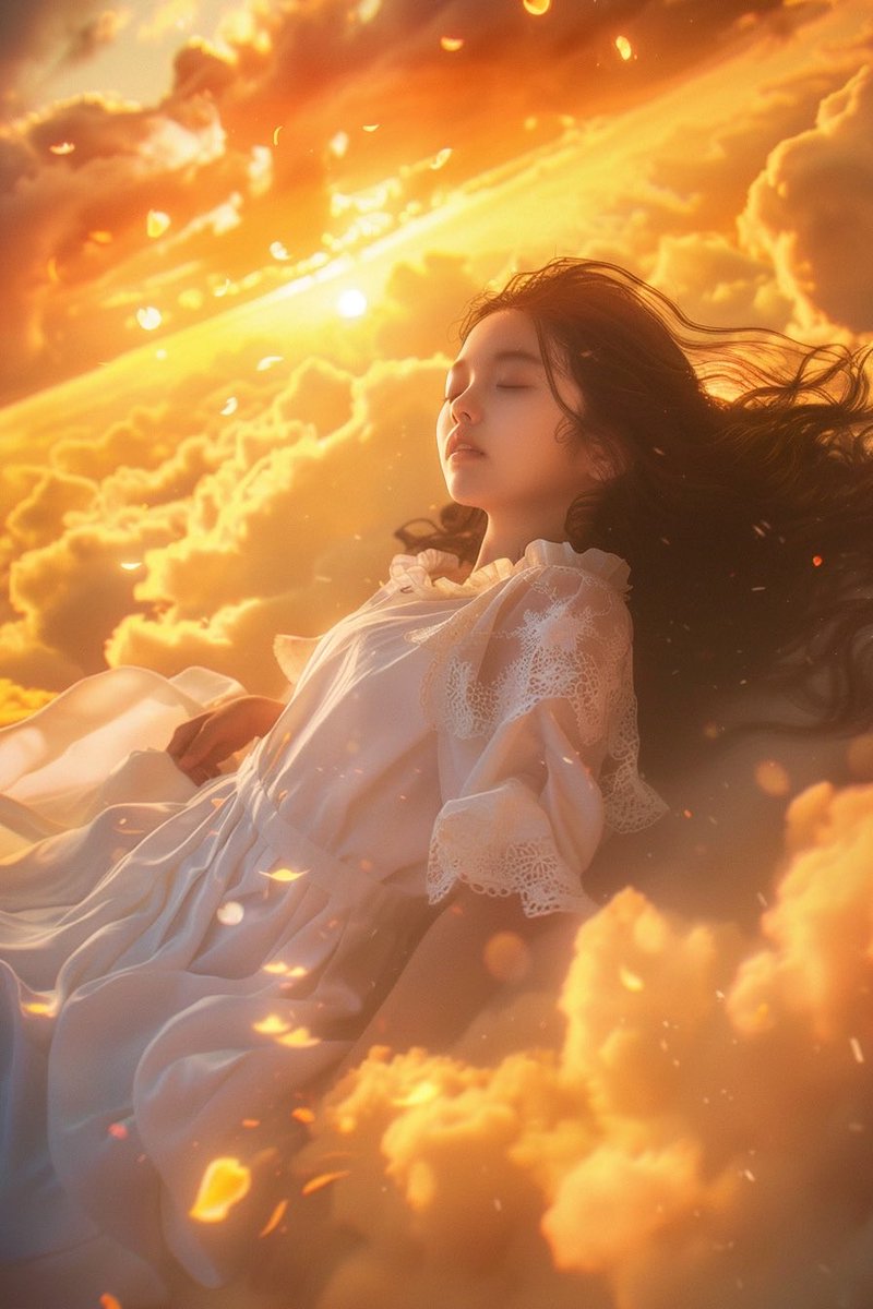 A serene girl sleeping above the clouds,
wrapped in the warmth of sunset.

#Dreamscape #FantasyArt #AIart #SunsetMood #EtherealVibes #midjouroney
