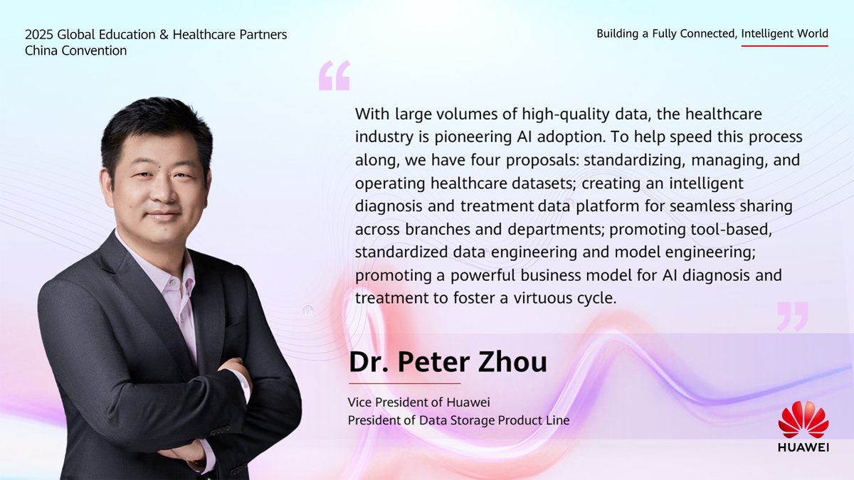 #Healthcare is at the forefront of intelligent transformation. Dr. Peter Zhou, Huawei's VP &amp; President of Data Storage Product Line, delivered an insightful keynote at the 2025 Global Education &amp; Healthcare Partners China Convention, discussing healthcare's #AI journey and