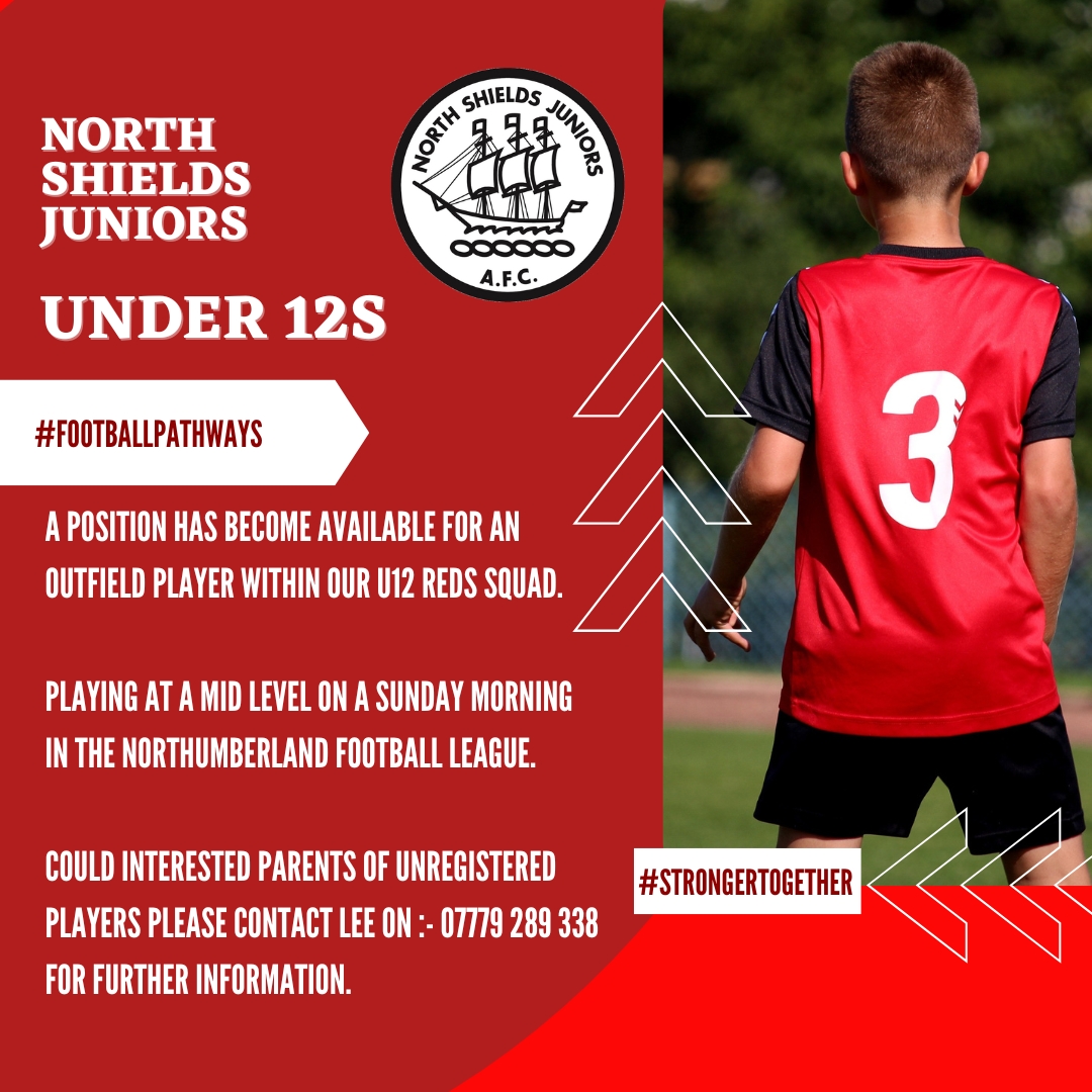 🚨U12s Player Vacancy🚨

We have positions available for Outfield Players in our U12 Reds Squad (Year 7 this coming September).

Could parents of interested unregistered players please contact Lee on 07779 289 338 for further information.

#StrongerTogether
