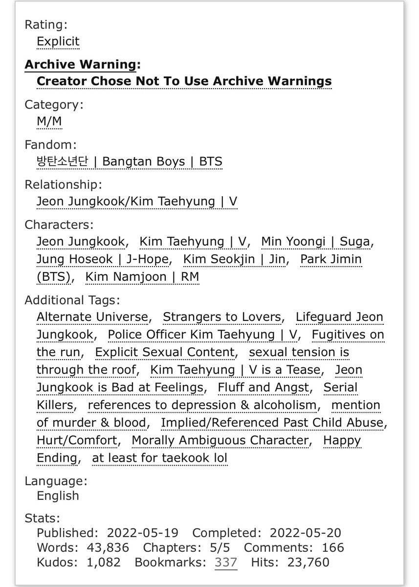 on the run (from love) by <a href="/Yooniversee_/">A⁷ 🍃</a> 

• 43’836 words | explicit 🔞
• lifeguard JK x police officer Tae
• strangers to lovers (with some one sided hate in between)
• INSANE plot, the sexual tension and the plot twist?!?! 🤯

MIND. THE. TAGS. ⚠️

archiveofourown.org/works/39089385