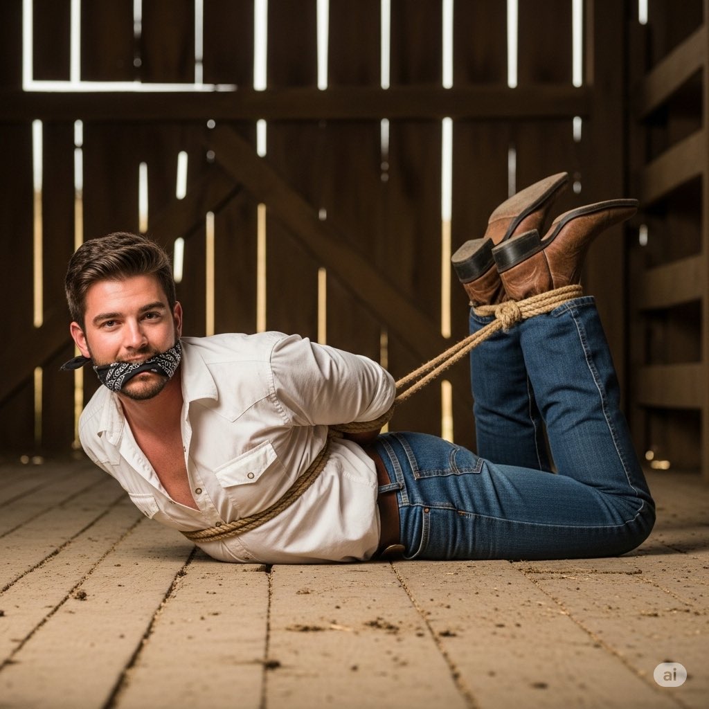 You’ll find the cowboy in the barn. We’ve got him hogtied and gagged, so he won’t be running of. He’s yours now, do with him what you want. 😏😈

#AI #gaybondage #cowboys