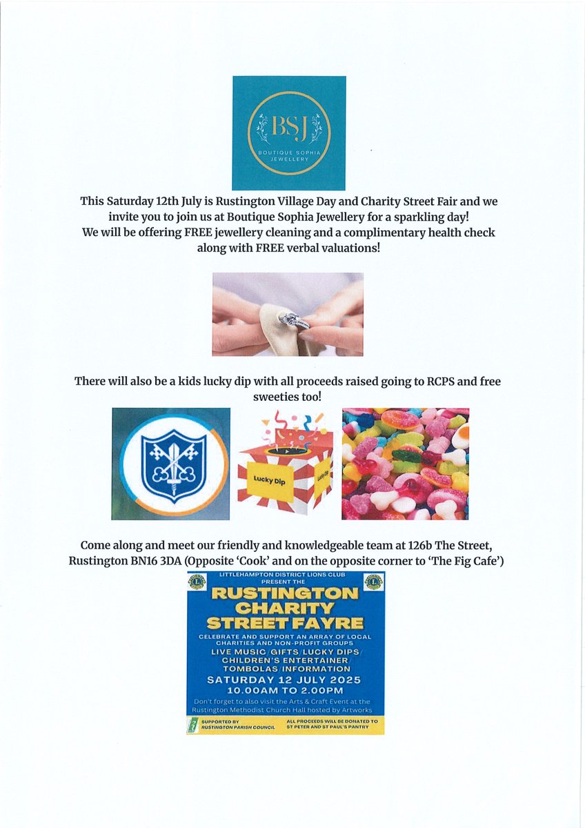 RustingtonCPS's tweet image. One of our former staff members—now running a  jewellery business in Rustington—is holding a sparkling  event tomorrow July 12th with FREE cleaning and verbal valuations! 
there’s also a lucky dip for the kids, with money raised going towards supporting our amazing school!