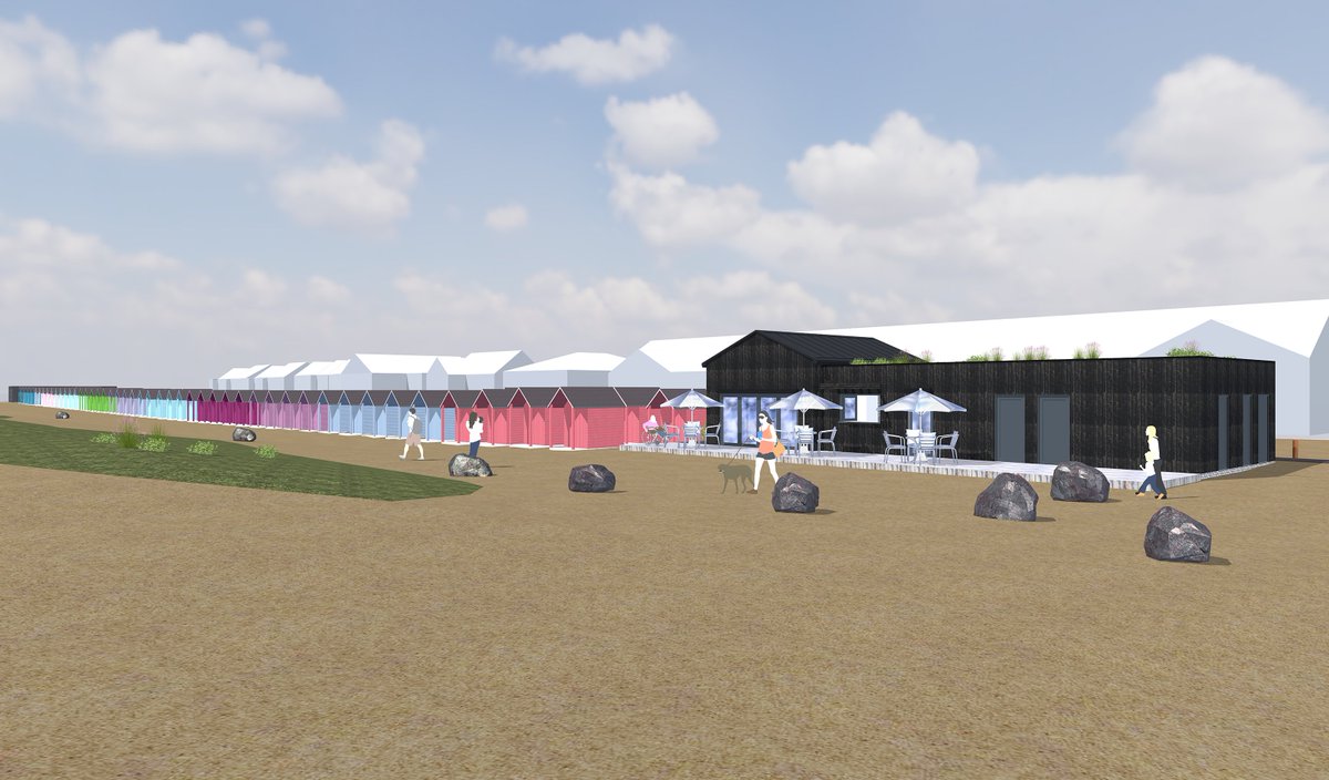 The Coast Drive project – delivering a new visitor hub, improved water sports facilities and 93 beach huts at Greatstone – is taking shape nicely.

Works to the entrance are progressing well, the building is having roof joists installed and over 30 beach huts are in place.