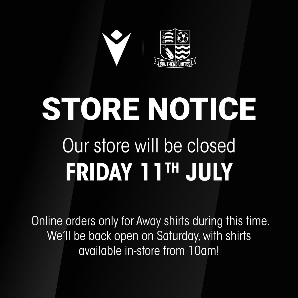 SouthendMacron's tweet image. ❗️ Our store will be closed today as we begin to process online orders.
We will be back open tomorrow at 10am, with the 25/26 away shirt available to purchase in store 🦐
@SUFCRootsHall