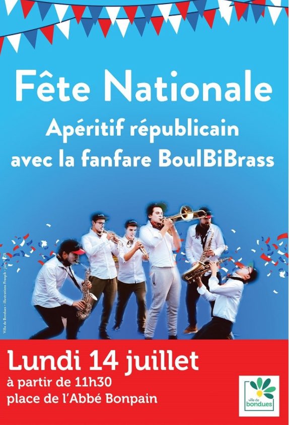 Festivités du 14 juillet 🎉

Venez nombreux sur la place Bonpain avec une touche tricolore !

- À partir de 11h30 sur la Place Bonpain : apéritif républicain, animation musicale et jeux par la ludothèque

- À 16h dans la salle polyvalente du Centre Vandaele : thé dansant

🔵⚪️🔴