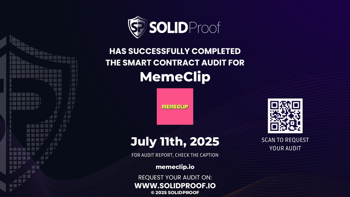 We have finished the smart contract audit process for @MemeclipArmy🛡️

📷Check our findings and security score here:
app.solidproof.io/projects/memec…

Need a Smart contract audit, KYC or development support? Send us a message, our sales team will gladly make a customized offer for you!