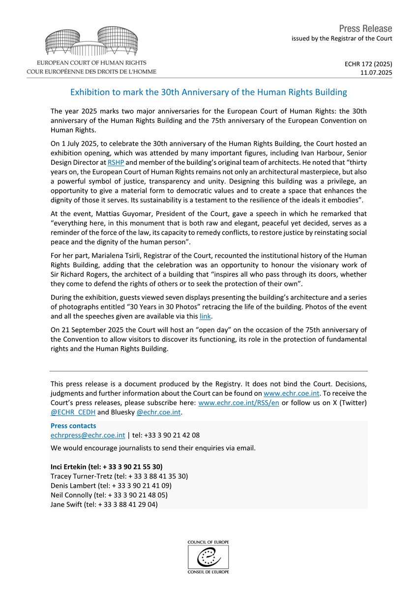 Exhibition to mark the 30th Anniversary of the Human Rights Building
hudoc.echr.coe.int/app/conversion…
#ECHR #CEDH #ECHRpress