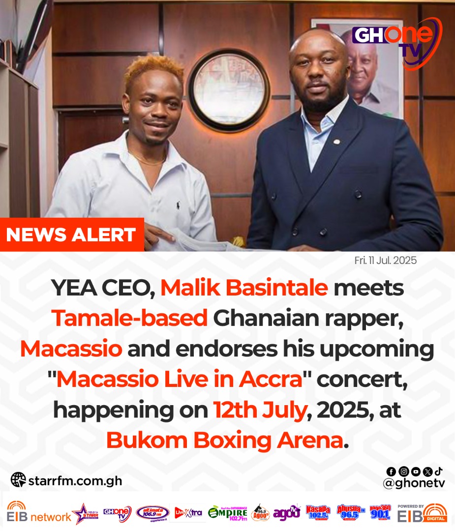 GHOne TV (@ghonetv) on Twitter photo YEA CEO, Malik Basintale meets Tamale-based Ghanaian rapper, Macassio and endorses his upcoming "Macassio Live in Accra" concert...
#GHOneNews #EIBNetwork
#GHOneTV #NewsAlert
<a href="/yeaghana/">Youth Employment Agency Ghana</a> <a href="/malik_basintale/">Maleek Basintale</a> YEA CEO, Malik Basintale meets Tamale-based Ghanaian rapper, Macassio and endorses his upcoming "Macassio Live in Accra" concert...
#GHOneNews #EIBNetwork
#GHOneTV #NewsAlert
<a href="/yeaghana/">Youth Employment Agency Ghana</a> <a href="/malik_basintale/">Maleek Basintale</a>