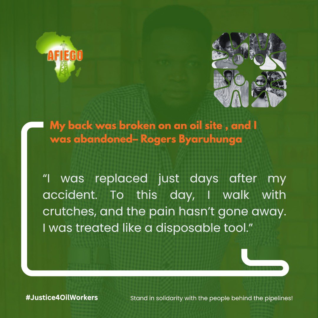 Initiative For Green Planet (IGP) (@greenplanetug) on Twitter photo Rodgers Byaruhunga, 26, broke his back working on <a href="/TotalEnergiesUG/">TotalEnergies Uganda</a>’s Tilenga oil project.
The result?
❌ Abandoned
❌ Contract terminated
❌ No compensation
📢His family now struggles to survive.
Read Rodger’s story: afiego.org/wp-content/upl…
#Justice4OilWorkers #StopEACOP Rodgers Byaruhunga, 26, broke his back working on <a href="/TotalEnergiesUG/">TotalEnergies Uganda</a>’s Tilenga oil project.
The result?
❌ Abandoned
❌ Contract terminated
❌ No compensation
📢His family now struggles to survive.
Read Rodger’s story: afiego.org/wp-content/upl…
#Justice4OilWorkers #StopEACOP