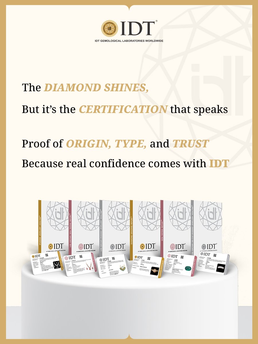 IDTWORLDWIDE's tweet image. Sparkle meets certainty! 💎 
IDT certifies diamonds with verified origin, authenticity &amp;amp; grading. 
No assumptions, just facts. Buy with trust, backed by IDT. 

#IDTCertified #DiamondTesting #TrustIDT