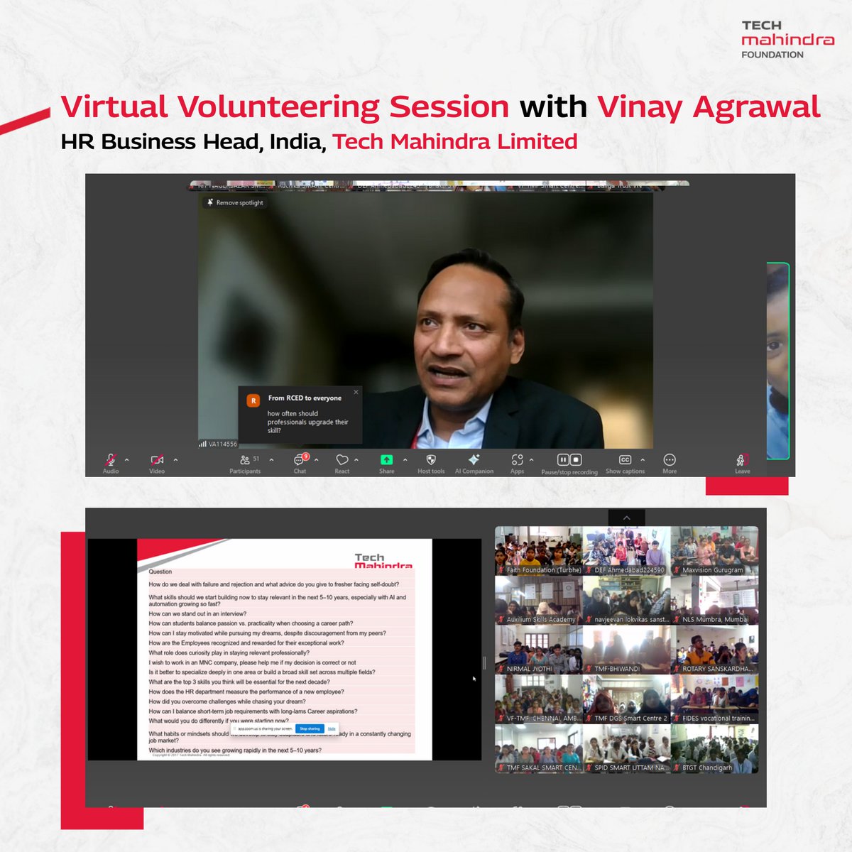 techmahindracsr's tweet image. Mr. Vinay Agrawal, HR Business Head, India, at Tech Mahindra Limited (@tech_mahindra), connected with the SMART students in a Virtual Volunteering session, as part of the #ConnectforGood series.
Themed “Future Proof Your Career,” valuable insights and practical advice was…