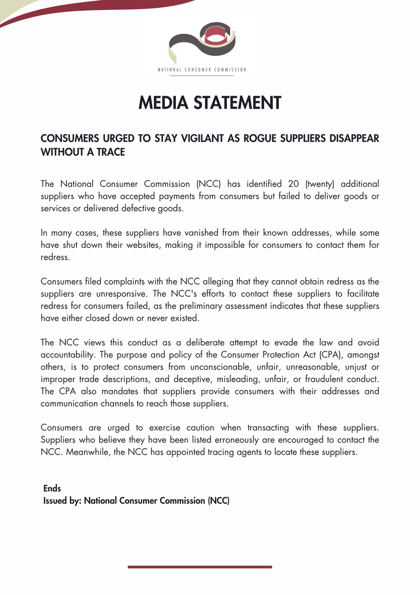 TheNCC_RSA's tweet image. Remember the November list of the 39 suppliers who went missing last year? There are more and more evasive suppliers on the list. Check them out here: thencc.org.za/media-statemen… Stay alter, be a wise consumer. @PhethoN @the_dtic