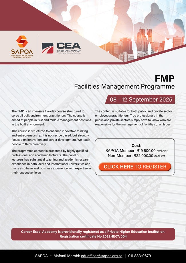 Advance Your Skills with the Facilities Management Programme – Enroll Today!

Advance your facilities management career with SAPOA’s Facilities Management Programme (FMP), in partnership with Career Excel Academy:  sapoa.org.za/courses/fmp-fa…