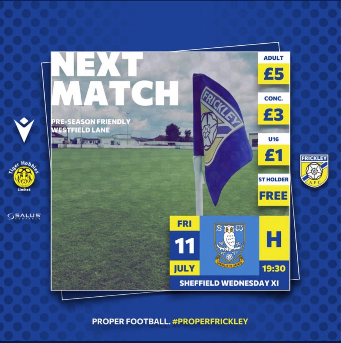 ⚽️ Game Day ⚽️

We welcome <a href="/swfc/">Sheffield Wednesday</a> to the Wezzie for our latest preseason game

KO - 7:30pm

Adults - £5.00

Concessions - £3.00

U16’s - £1.00 (must be with a paying adult)

Advance tickets are still available until 12:00pm today

ticketsource.co.uk/whats-on/south…

🔵⚪️🔵

#forzafrickley