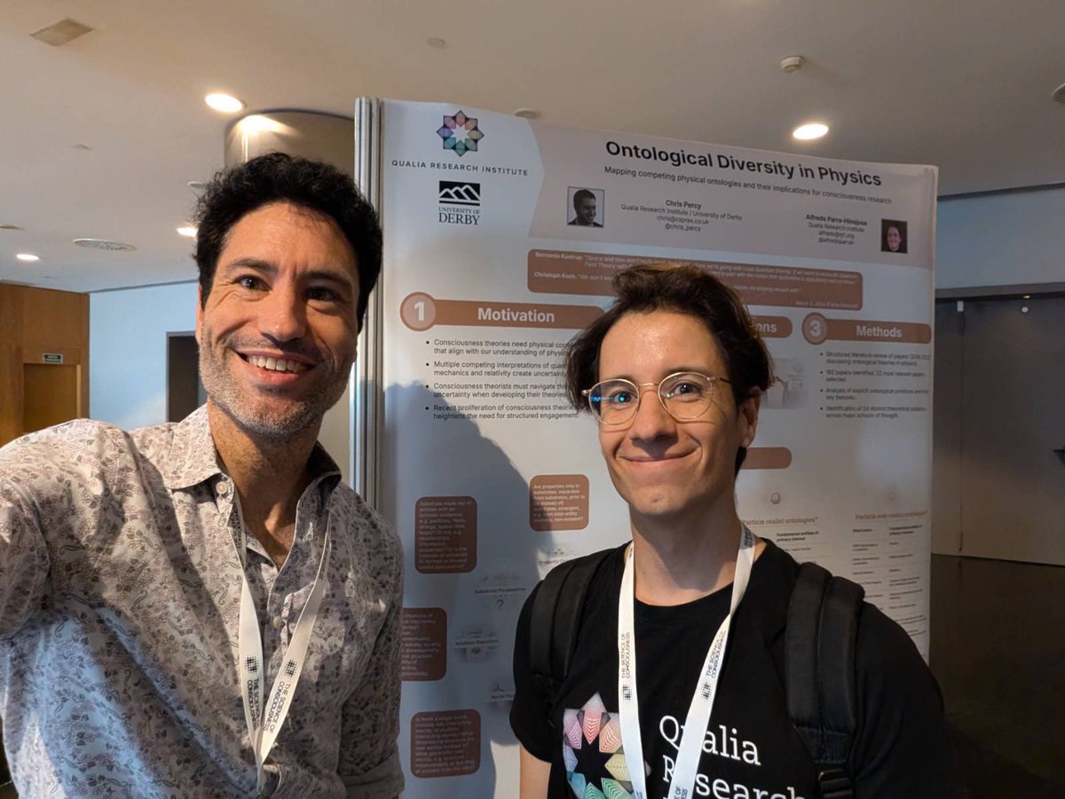 Alfredo 🔸 (@alfredoparrah) on Twitter photo <a href="/chris_percy/">Chris Percy</a> and I representing <a href="/QualiaRI/">Qualia Research Institute</a> at The Science of Consciousness conference in Barcelona. Lots of great conversations about ontologies in fundamental physics and their relevance for consciousness research. (Paper forthcoming in the Journal of Consciousness Studies soon!) <a href="/chris_percy/">Chris Percy</a> and I representing <a href="/QualiaRI/">Qualia Research Institute</a> at The Science of Consciousness conference in Barcelona. Lots of great conversations about ontologies in fundamental physics and their relevance for consciousness research. (Paper forthcoming in the Journal of Consciousness Studies soon!)