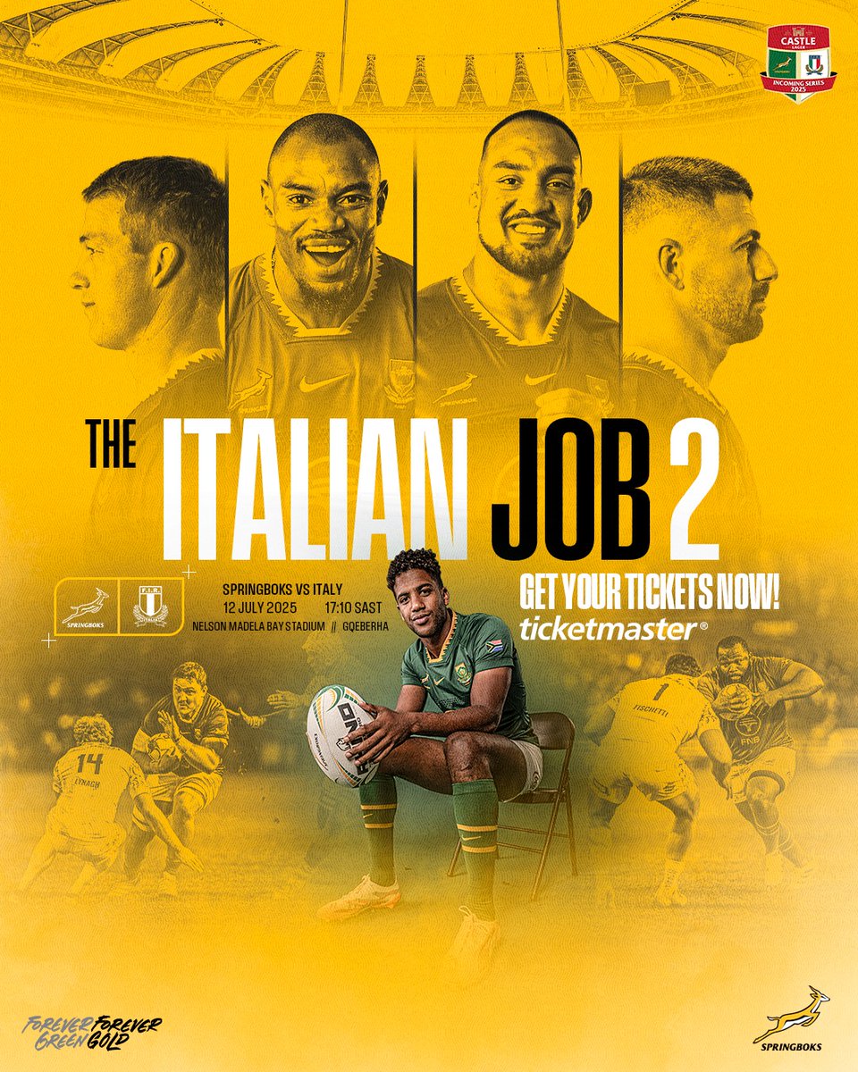 Don’t miss out on the final installment of the “The Italian Job” in Gqeberha,  where we will witness the crowning of a #Springboks centurion🇿🇦🇮🇹

TIPS
1. This is a mobile ticket only event
2. Download the Ticketmaster App
3. View and add your tickets to your mobile wallet before
