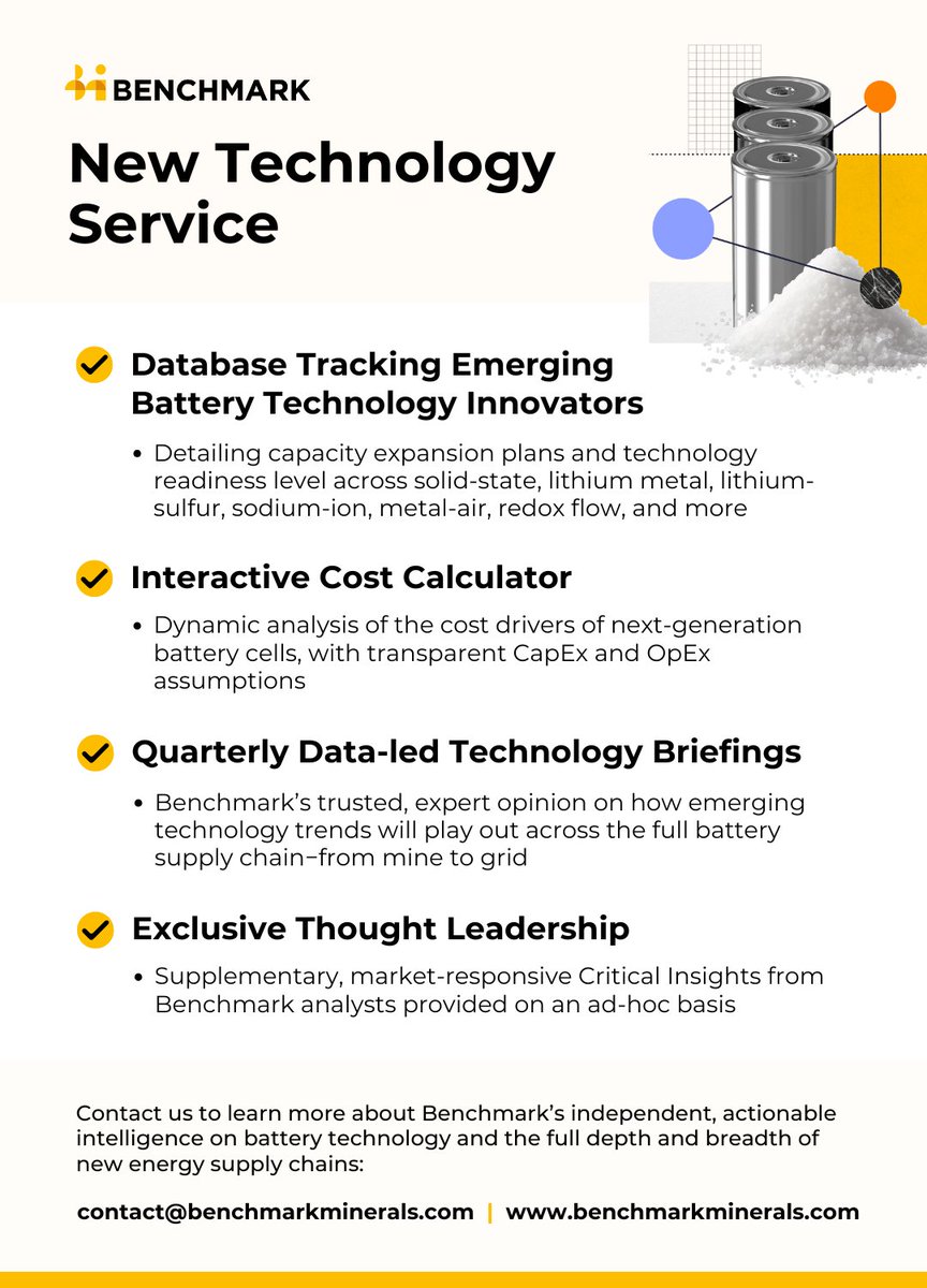 benchmarkmin's tweet image. ⬇️ Benchmark’s New Technology Service provides all-encompassing emerging #battery technology insights through data-driven tools, expert throught leadership and year-round access to our analyst team.
Learn more and request a free demo ➡️ eu1.hubs.ly/H0lHs4S0