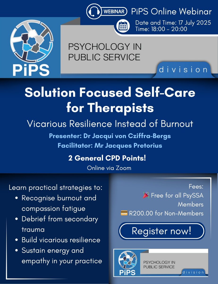 PsySSA_'s tweet image. 🧠Webinar:
Solution Focused Self-Care for Therapists: Vicarious Resilience Instead of Burnout
📅 17 July 2025 | 🕕 18:00–20:00 | 💻 Zoom
🎓 Earn 2 CPD Points
Free for PsySSA Members | R200 for Non-Members
Register: psyssa.com/pips-webinar-s…
#CPDWebinar #BurnoutPrevention