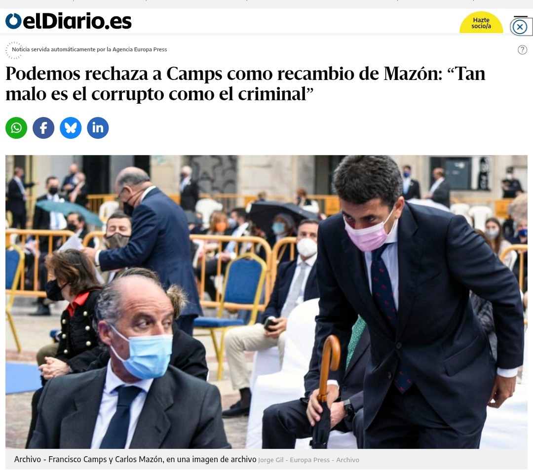 m_tere_perez's tweet image. Tan malo es el criminal de Mazón como el corrupto de Camps. El problema es toda una visión patrimonialista de las instituciones del PP que hace políticas racistas, machistas y de recortes al dictado de Vox. Hay que desalojar al PP, no nos vale un cambio de cromos. Y para eso la…
