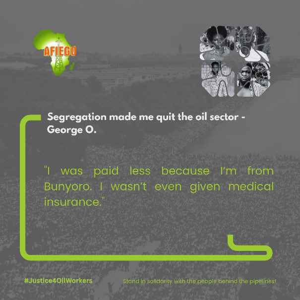 ACEJUganda's tweet image. 💔George* paid a bribe just to get an oil job.
😷 Worked long hours
😔 Faced tribal segregation
⚖️ Workers from Kampala were paid more
📢Equal pay for equal work!
Read George’s full story: afiego.org/wp-content/upl…
#Justice4OilWorkers #StopEACOP