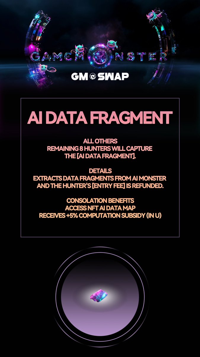 Gm_Swap's tweet image. 🔍 AI DATA FRAGMENT
🎮 The other 8 hunter will claim a [DATA FRAGMENT] from the AI Monster!

💥  What’s in it for you?
📦 Valuable AI data FRAGMENT extracted
💸 Full [ENTRY FEE] refund
🗺 Access to the NFT AI DATA MAP
⚡️ +5% Computation Subsidy (in $U)

#Web3Gaming #GameMonster