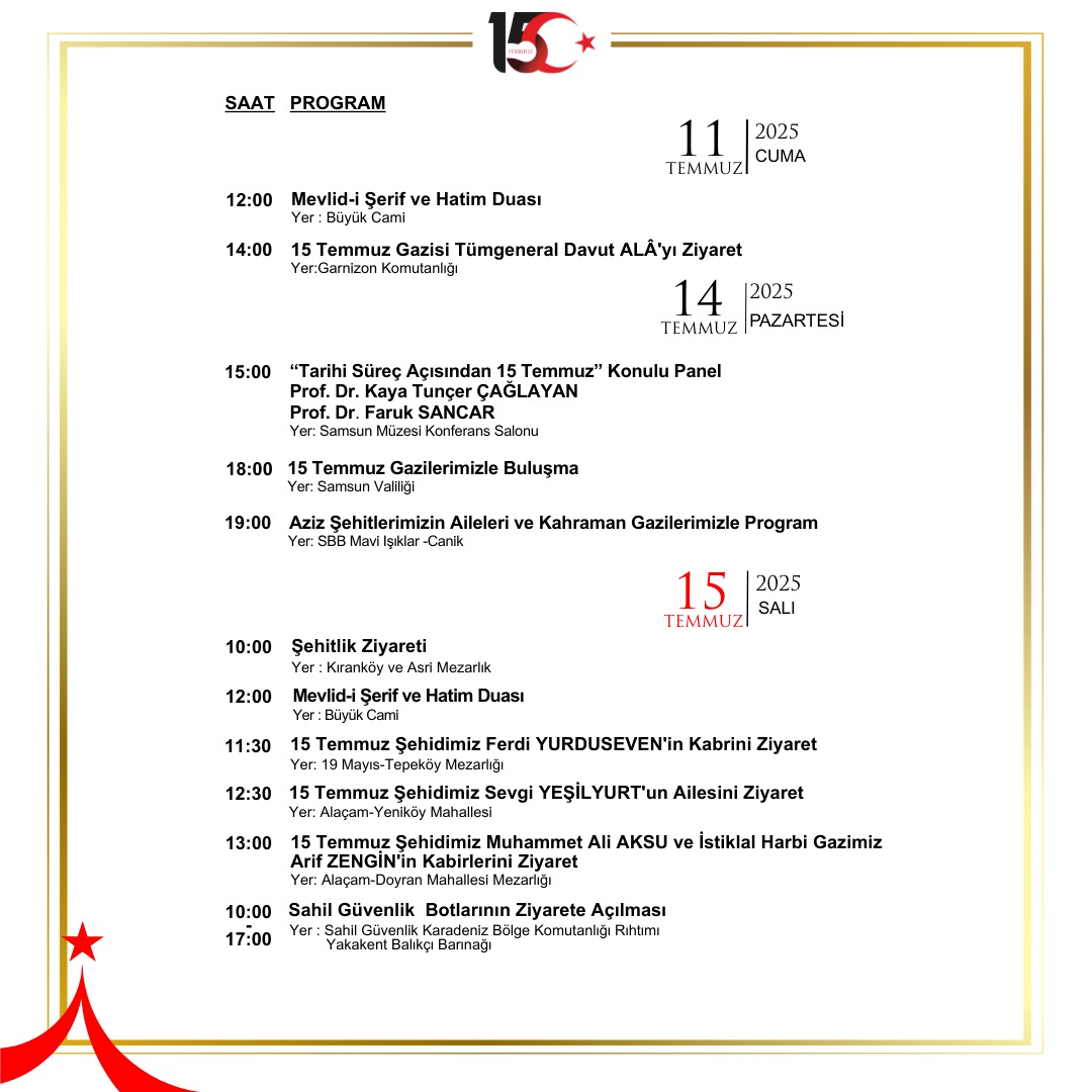 #ZaferinAdı Türkiye🇹🇷

#15Temmuz Demokrasi ve Milli Birlik Günü anma programlarımıza tüm hemşehrilerimizi davet ediyoruz 🇹🇷

samsun.gov.tr/15-temmuz-demo…

#15TemmuzDestanı
#15TemmuzDemokrasiveMilliBirlikGünü
