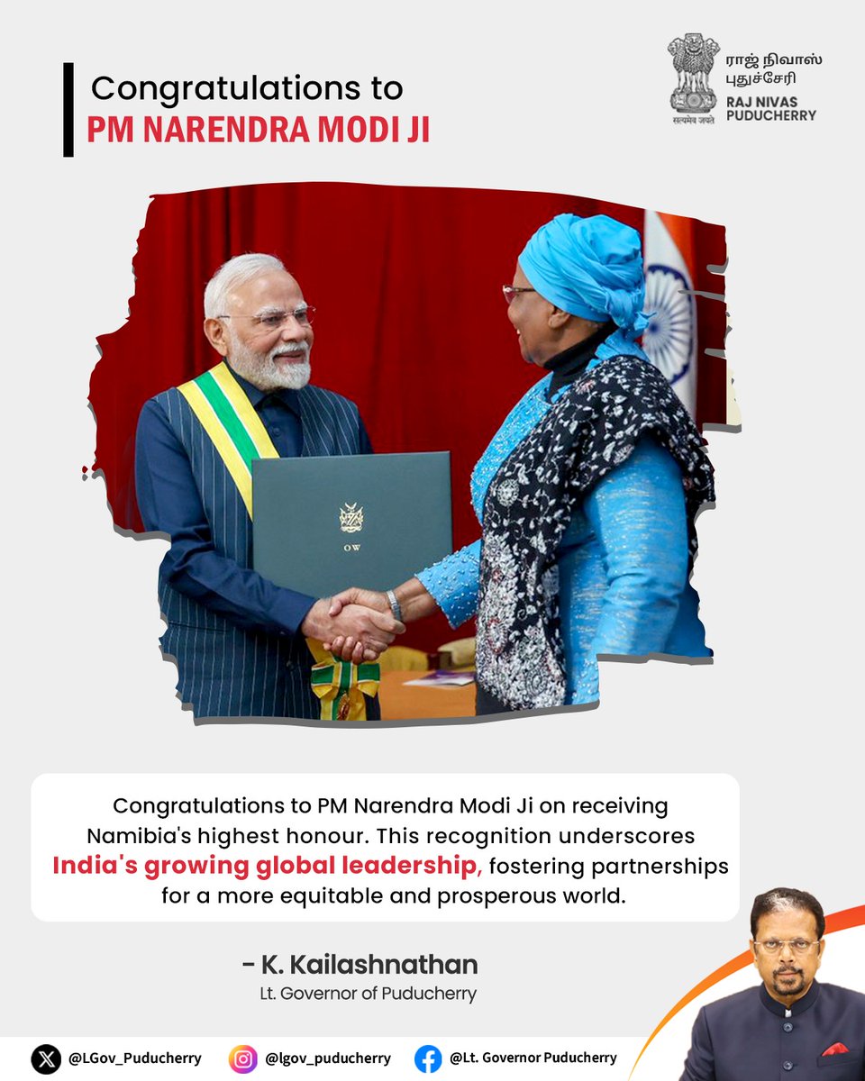 From Puducherry, we celebrate Hon'ble PM <a href="/narendramodi/">Narendra Modi</a> Ji receiving Namibia's highest honour! This recognition unequivocally showcases #newindia 's rising stature &amp; unwavering resolve as a global powerhouse. Every #ProudIndian stands tall! #Bharat  #GlobalLeadership <a href="/PMOIndia/">PMO India</a>