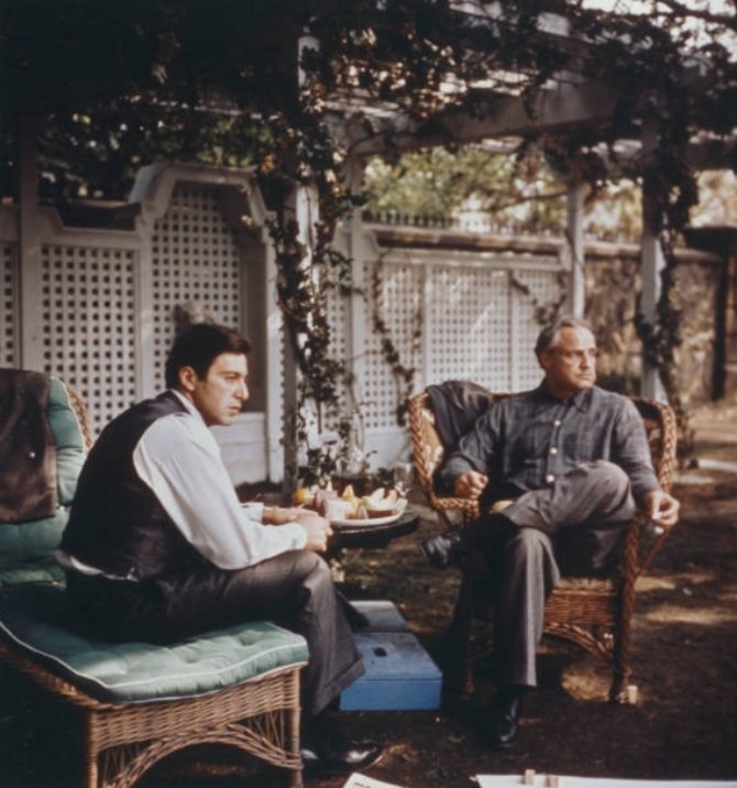 Marlon Brando and Al Pacino on the set of The Godfather, 1972