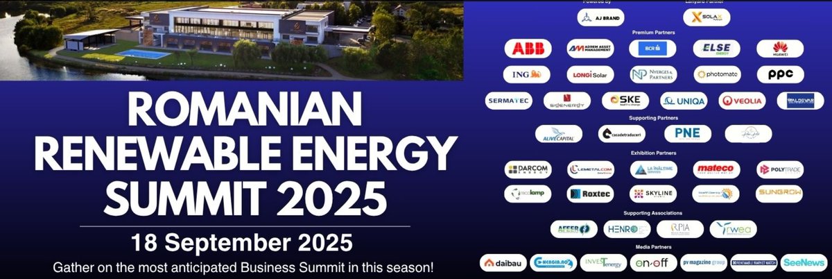 INEA_CONSULTING's tweet photo. Romanian Renewable Energy Summit 2025, September 18, Bucharest, Romania

https://t.co/6MMNqtub66

#romania #govnet #renewableenergysummit #wind #PV #solar #photovoltaic #power #renewablemarketwatch https://t.co/9qk8nk0OQM