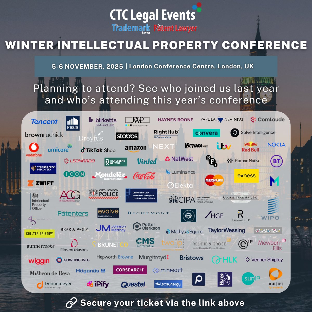 The Trademark Lawyer Magazine (@tmlawyermag) on Twitter photo Join us for the Winter Intellectual Property Conference 2025
📍London Conference Centre
🗓️5-6 November 2025
Secure your ticket today ➡️ futuretsyzzjbzguxrvsz.eventify.io/p/#/overview
Interested in speaking or sponsoring? Contact gill@ctclegalmedia.com
#IPconference #IPevent #londonevents #brands Join us for the Winter Intellectual Property Conference 2025
📍London Conference Centre
🗓️5-6 November 2025
Secure your ticket today ➡️ futuretsyzzjbzguxrvsz.eventify.io/p/#/overview
Interested in speaking or sponsoring? Contact gill@ctclegalmedia.com
#IPconference #IPevent #londonevents #brands