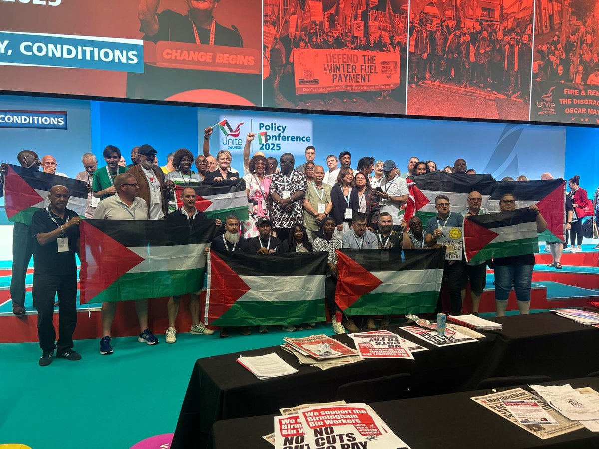 <a href="/unitetheunion/">Unite the union: join a union</a> conference has voted overwhelmingly to condemn in the strongest terms the genocidal actions of the Israeli government in Gaza and violence against Palestinians in the West Bank including ethnic cleansing, famine, apartheid, and attacks on civilians 1/6