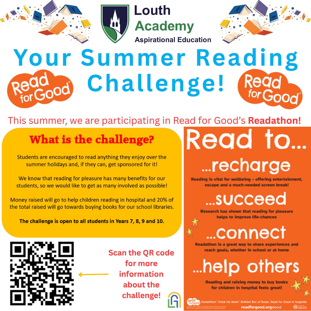 Louth Academy (@louthacademy) on Twitter photo Reminder that we are participating in <a href="/ReadforGoodUK/">Read for Good</a>'s Readathon. Students are encouraged to read throughout the summer holidays and, if they can, get sponsored for doing it! Please scan the QR code for more information on the challenge. Reminder that we are participating in <a href="/ReadforGoodUK/">Read for Good</a>'s Readathon. Students are encouraged to read throughout the summer holidays and, if they can, get sponsored for doing it! Please scan the QR code for more information on the challenge.