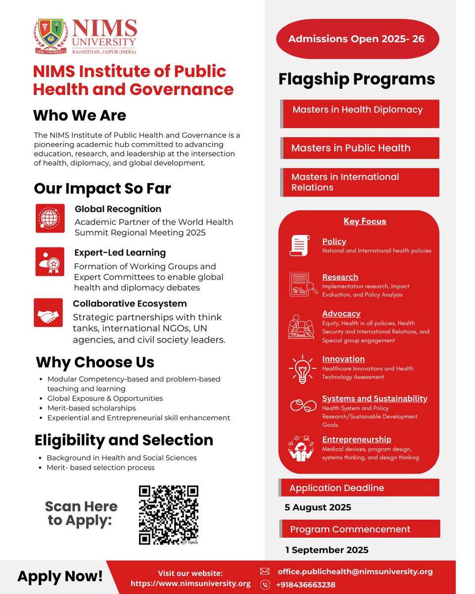 Admissions Open | 2025-26
Study Public Health, Diplomacy &amp; Policy at the NIMS Institute of Public Health and Governance.
🎓 MHD | MPH | IR
🌍 WHS 2025 Academic Partner
📅 Apply by 5 Aug
🔗 nimsuniversity.org
#NimsUniversity
#PublicHealth #HealthDiplomacy #MPH #StudyAtNIMS