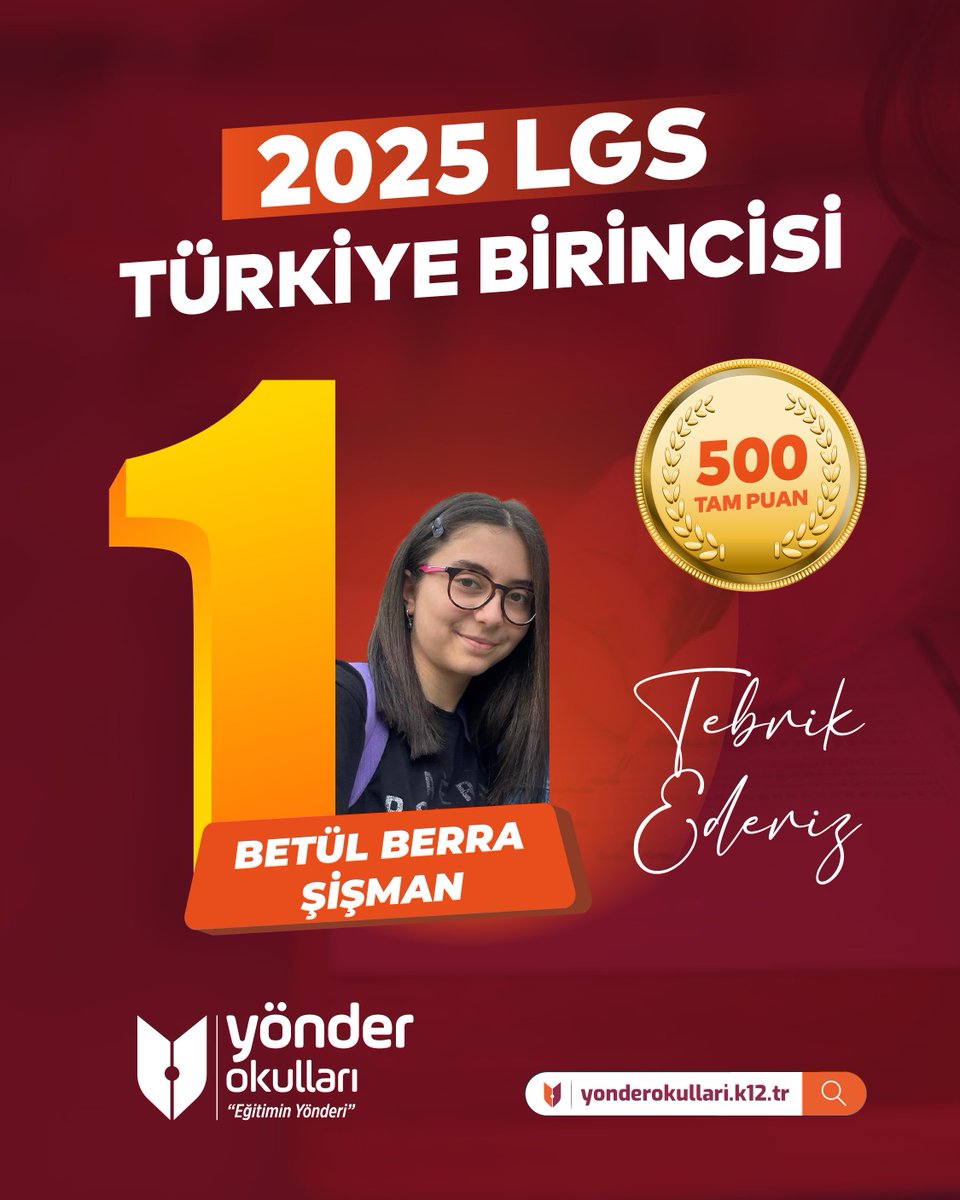 🏆 Yönder'de Başarı Bir Gelenektir!
🎯 LGS 2025’te 500 TAM PUAN!

Öğrencimiz Betül Berra Şişman, büyük bir azim ve disiplinle hazırlandığı LGS 2025’te 500 tam puan alarak Türkiye birincileri arasında yerini aldı!

#YönderOkulları #TürkiyeBirincisi #EğitiminYönderi #LGS2025