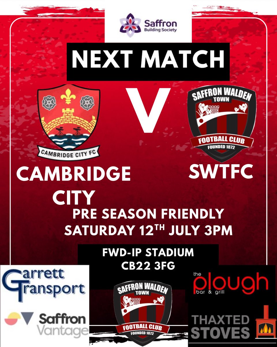 Saffron Walden Town FC (@swtfootballclub) on Twitter photo Next friendly for the Bloods on Saturday afternoon - we travel to the brand new FWD-IP Community Stadium to face <a href="/cambridgecityfc/">Cambridge City FC</a> β
#upthebloods Next friendly for the Bloods on Saturday afternoon - we travel to the brand new FWD-IP Community Stadium to face <a href="/cambridgecityfc/">Cambridge City FC</a> β
#upthebloods
