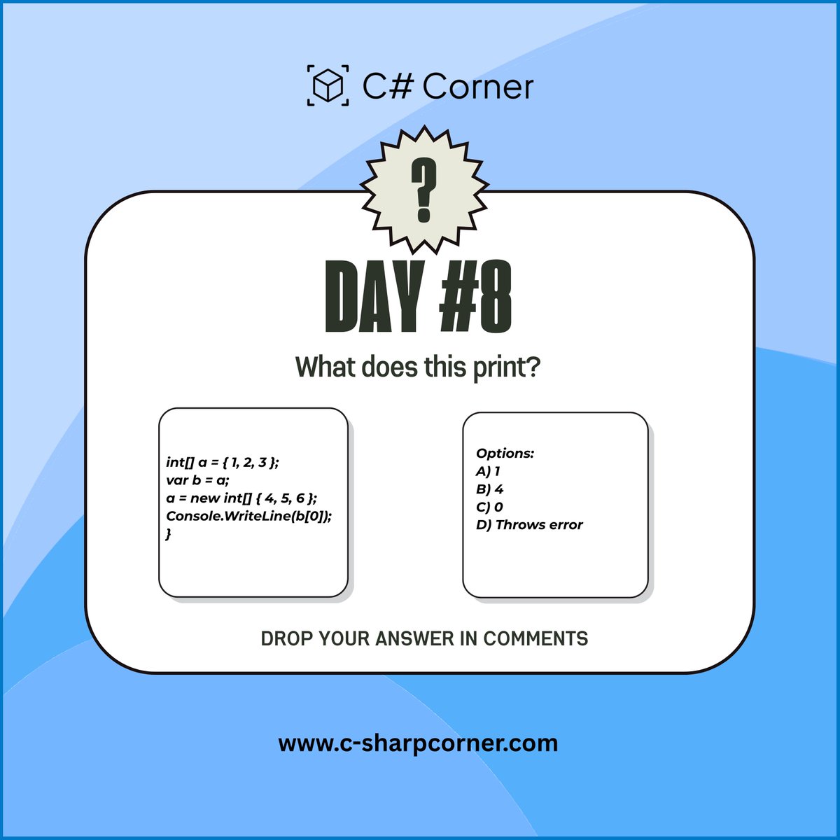 CsharpCorner's tweet photo. ๐ง ๐# ๐๐ซ๐๐ข๐ง ๐๐๐๐ฌ๐๐ซ!
Same code. Different output. Can you crack it? ๐คฏ
๐๐ง๐ฅ๐ฒ ๐ฅ๐๐ ๐๐ง๐๐ฌ ๐ ๐๐ญ ๐ข๐ญ ๐ซ๐ข๐ ๐ก๐ญ ๐ฅ๐
๐ For more articles, visit https://t.co/K3cMFUiyGc
#CSharp #CodeChallenge #DevPuzzle #TechQuiz #DotNet #CSharpCorner https://t.co/xVefF3tVpW