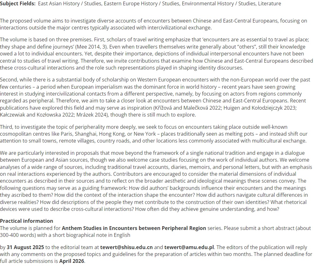 IARCEES (@iarcees) on Twitter photo Call for papers: Encounters in Unexpected Places: Chinese and East-Central European Interactions in Peripheral Spaces, 1700-1949
Please submit a short abstract with a biographical note in English by 31 August 2025  at tewert@shisu.edu.cn and tewert@amu.edu.pl. Call for papers: Encounters in Unexpected Places: Chinese and East-Central European Interactions in Peripheral Spaces, 1700-1949
Please submit a short abstract with a biographical note in English by 31 August 2025  at tewert@shisu.edu.cn and tewert@amu.edu.pl.