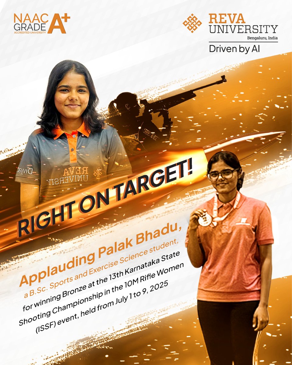 Celebrating Palak Bhadu from B.Sc. Sports &amp; Exercise Science for clinching Bronze in the 10M Rifle Women (ISSF) event at the 13th Karnataka State Shooting Championship!
Aiming high and hitting it with precision — that’s the REVA spirit!

#REVAUniversity
