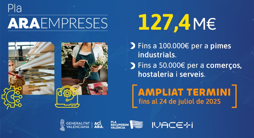 Recorda‼

Encara eres a temps de sol·licitar les ajudes directes del Pla #AraEmpreses

📣 𝗙𝗶𝗻𝘀 𝗮𝗹 𝟮𝟰 𝗱𝗲 𝗷𝘂𝗹𝗶𝗼𝗹

👉 L’objectiu es accelerar la recuperació i reactivació de negocis

🏭 pimes
🛍 comerços
🍽 hostaleria
🏢 servicis

🔎 ivace.es

ℹ Més