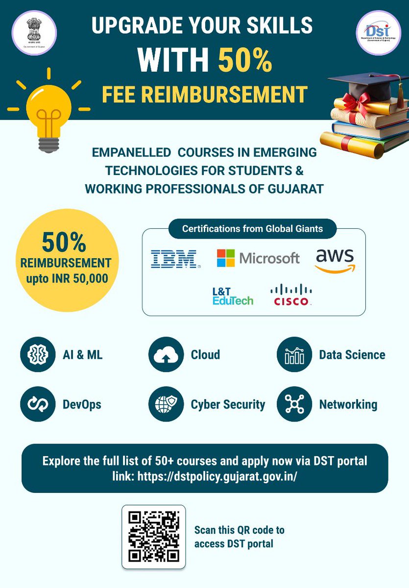 Directorate of ICT & eGovernance (@ditgujarat) on Twitter photo Unlock your future with emerging tech!
Gujarat students & professionals get 50% fee reimbursement (up to INR 50,000) under the Gujarat IT/ITeS Policy via the DST Portal.
Click the link to apply dstpolicy.gujarat.gov.in
<a href="/CMOGuj/">CMO Gujarat</a> <a href="/dstGujarat/">Department of Science & Technology, Gujarat</a> <a href="/InfoGujarat/">Gujarat Information</a> <a href="/monakhandhar/">Mona Khandhar IAS</a> Unlock your future with emerging tech!
Gujarat students & professionals get 50% fee reimbursement (up to INR 50,000) under the Gujarat IT/ITeS Policy via the DST Portal.
Click the link to apply dstpolicy.gujarat.gov.in
<a href="/CMOGuj/">CMO Gujarat</a> <a href="/dstGujarat/">Department of Science & Technology, Gujarat</a> <a href="/InfoGujarat/">Gujarat Information</a> <a href="/monakhandhar/">Mona Khandhar IAS</a>