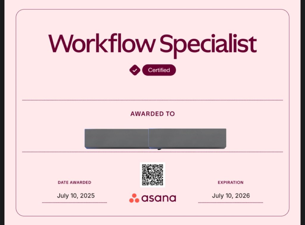 I'm officially a Certified Asana Workflow Specialist☺️
I passed my Asana Workflow specialist exam with a 95🎉

Looking forward to helping more teams organize their work with confidence.