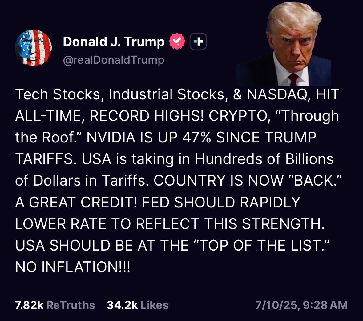 Good morning X and happy Friday! 🇺🇸☕️♾️

““Too Late” DEMEANS THE GREAT CREDIT OF THE USA. We are now, again, the Number One Credit in the World! “Gigantic Comeback.” The Fed Rate should be reflective of this. We should be at the top of the list!!! LOWER THE RATE!!!” —President